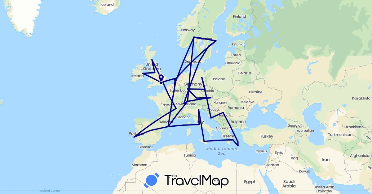 TravelMap itinerary: driving in Austria, Belgium, Switzerland, Czech Republic, Germany, Denmark, Spain, France, United Kingdom, Greece, Croatia, Ireland, Italy, Netherlands, Norway, Portugal, Serbia, Sweden (Europe)